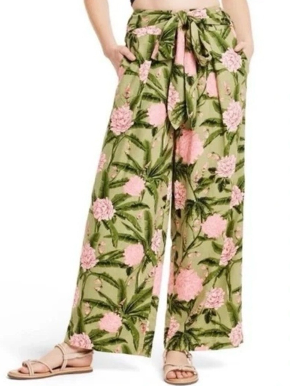 AGUA BENDITA Linen Green & Pink Peony Wide Leg Pants w Tie Waist
